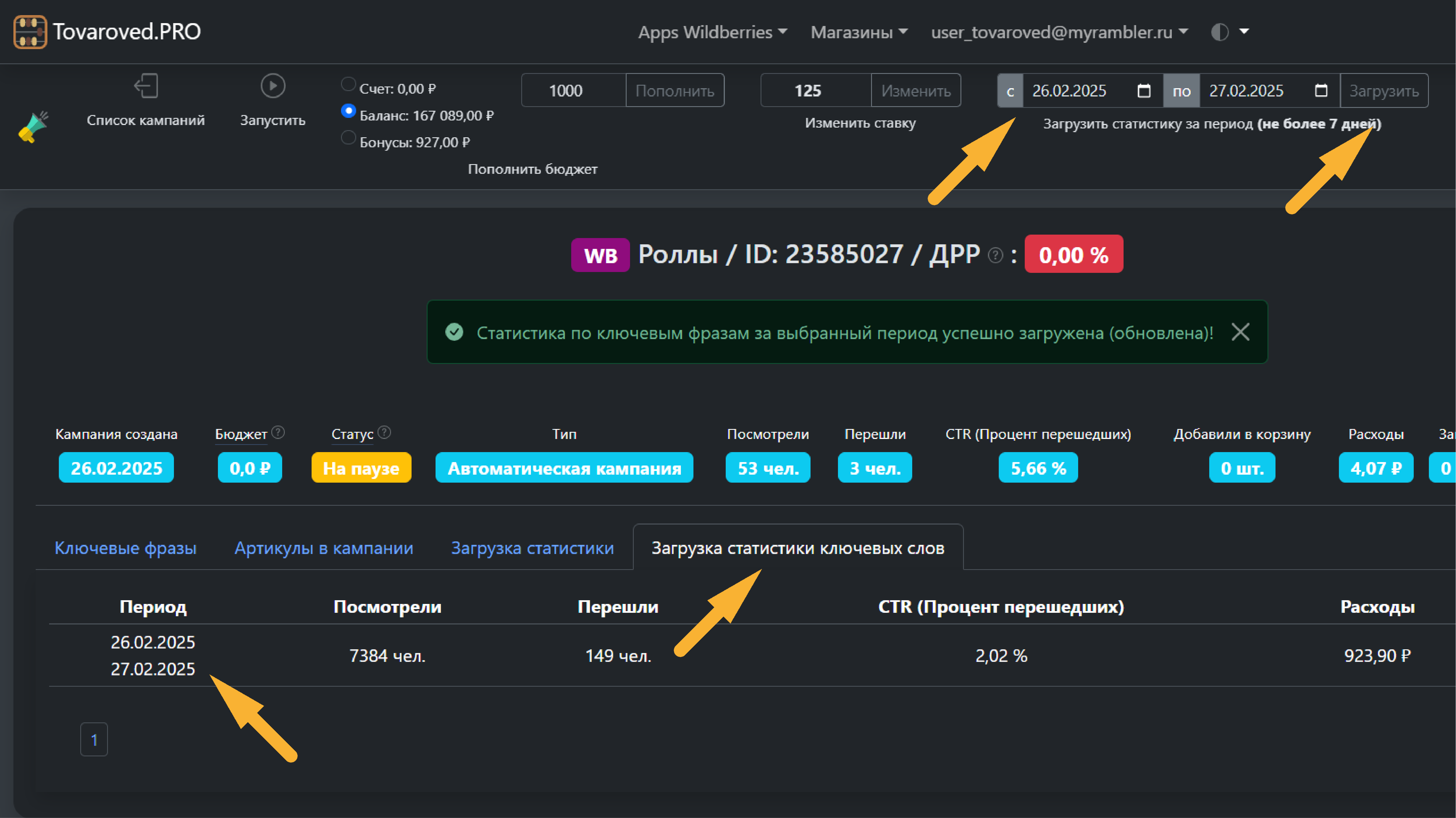 Загрузите статистику по ключевым словам