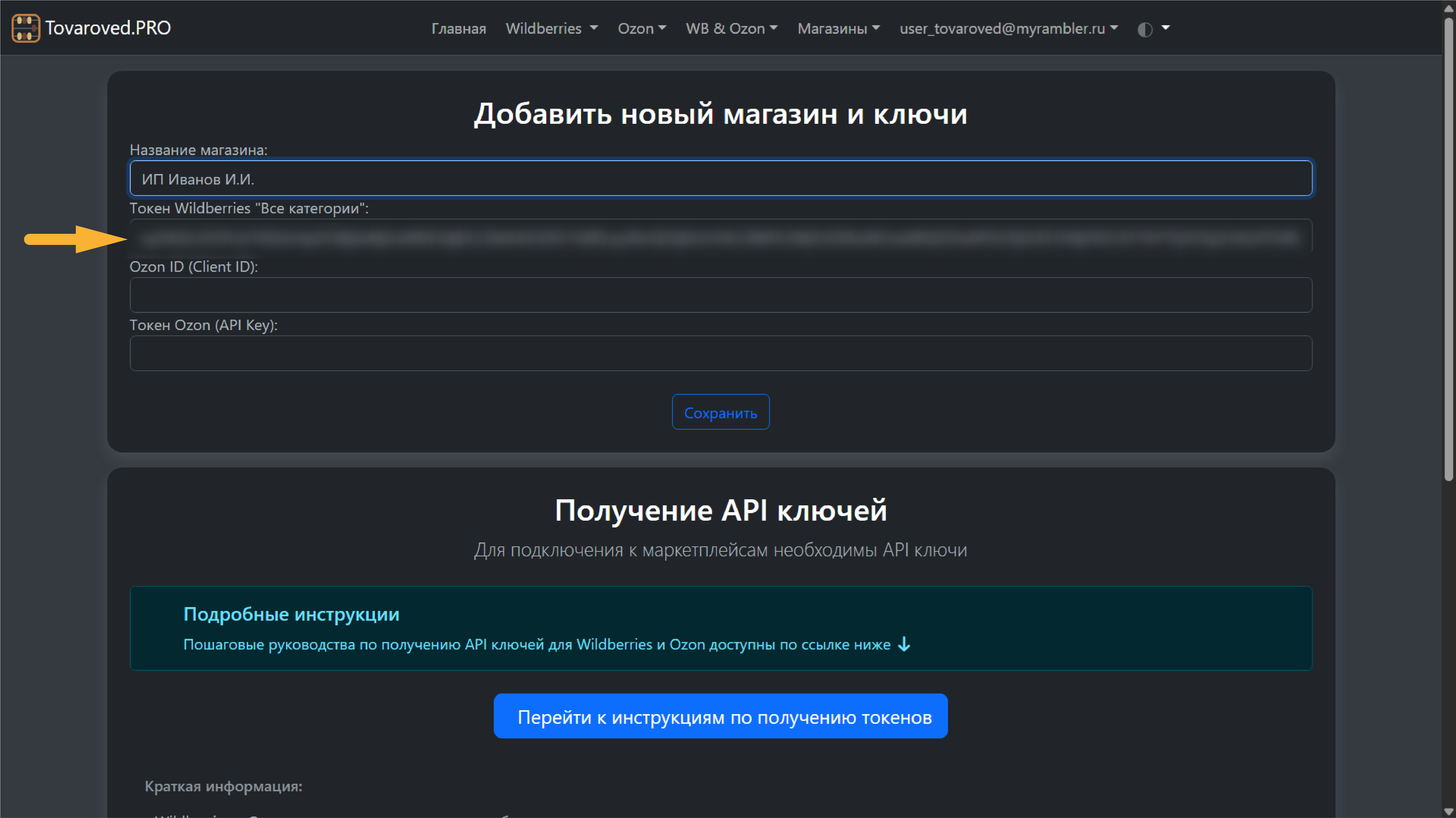 Шаг 8: Поле для ввода токена Wildberries в MPCheck.ru